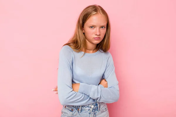 Caucasian Teen Girl Isolated Pink Background Suspicious Uncertain Examining You — Stock Photo, Image