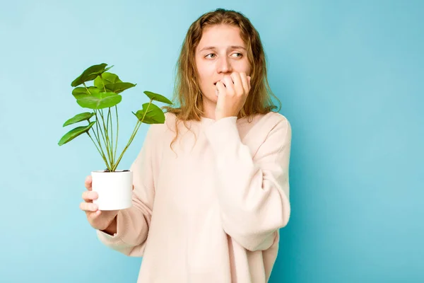 Mladá Běloška Drží Rostlinu Izolovanou Modrém Pozadí Kousání Nehty Nervózní — Stock fotografie