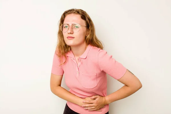 Młoda Biała Kobieta Wyizolowana Białym Tle Bólem Wątroby Bólem Brzucha — Zdjęcie stockowe