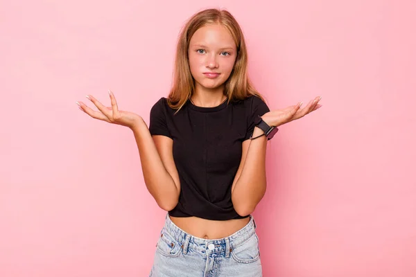 Caucasian Teen Girl Isolated Pink Background Doubting Shrugging Shoulders Questioning — Stock Photo, Image