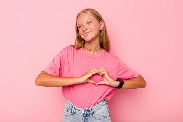 Caucasian Teen Girl Isolated Pink Background Smiling Showing Heart Shape — Stock Photo, Image