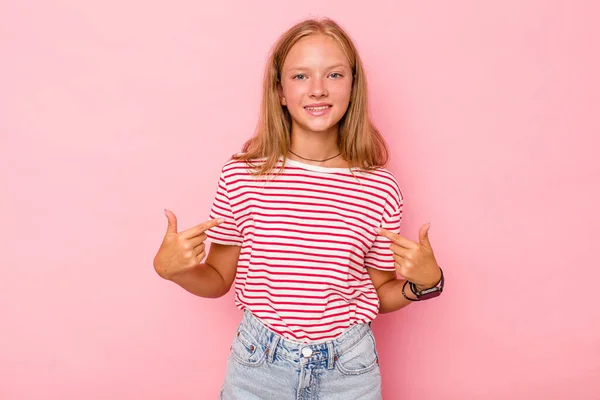 Caucasian Teen Girl Isolated Pink Background Points Fingers Positive Feeling — Stock Photo, Image