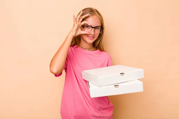 Little Caucasian Girl Holding Pizza Isolated Beige Background Excited Keeping — Stock Photo, Image