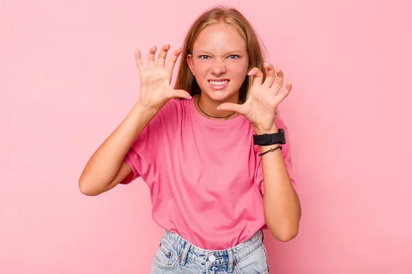 Caucasian Teen Girl Isolated Pink Background Upset Screaming Tense Hands — Stock Photo, Image