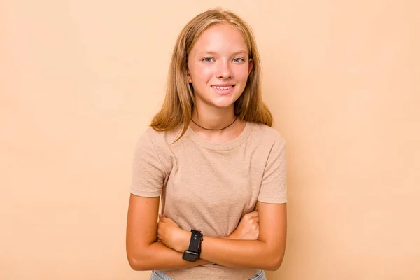 Caucasiano Menina Adolescente Isolado Fundo Bege Rindo Divertindo — Fotografia de Stock