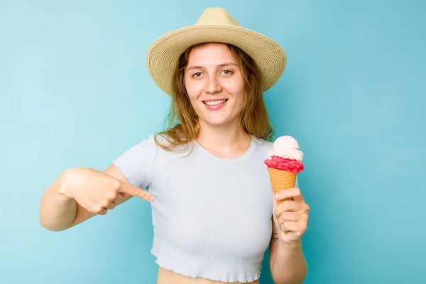 Young Caucasian Woman Holding Ice Cream Isolated Blue Background Person — Stock Photo, Image