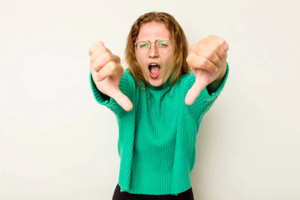 Young Caucasian Woman Isolated White Background Showing Thumb Expressing Dislike — Stock Photo, Image