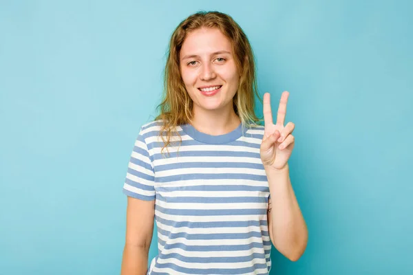Young Caucasian Woman Isolated Blue Background Showing Victory Sign Smiling — Stock Photo, Image