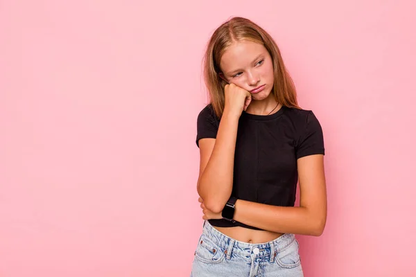 Caucasian Teen Girl Isolated Pink Background Who Feels Sad Pensive — Stock Photo, Image