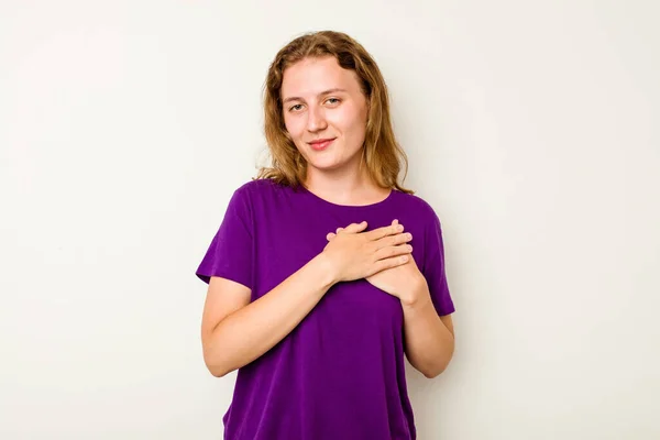 Jeune Femme Caucasienne Isolée Sur Fond Blanc Une Expression Amicale — Photo
