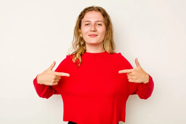 Ung Kaukasisk Kvinna Isolerad Vit Bakgrund Person Pekar För Hand — Stockfoto