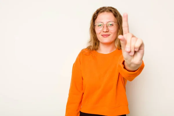 Mladá Běloška Žena Izolované Bílém Pozadí Ukazující Číslo Jedna Prstem — Stock fotografie