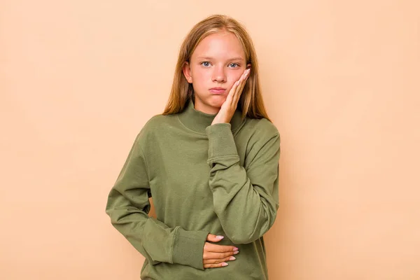 Caucasian Teen Girl Isolated Beige Background Blows Cheeks Has Tired — Stock Photo, Image