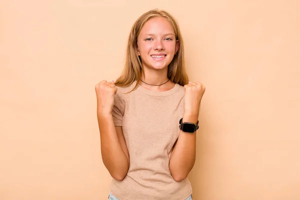 Caucasian Teen Girl Isolated Beige Background Cheering Carefree Excited Victory — Stock Photo, Image