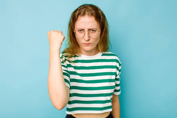Young Caucasian Woman Isolated Blue Background Showing Fist Camera Aggressive — Stock Photo, Image