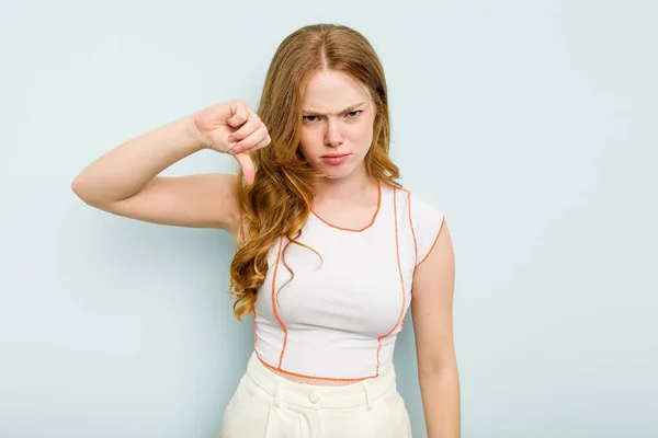 Young Caucasian Woman Isolated Blue Background Showing Thumb Expressing Dislike — Stock Photo, Image