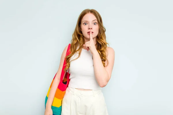 Young Caucasian Woman Holding Lgtbi Bag Isolated Blue Background Keeping — Stock Photo, Image