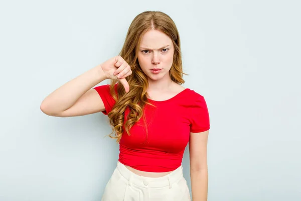 Young Caucasian Woman Isolated Blue Background Showing Thumb Disappointment Concept — Stock Photo, Image