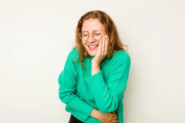 Mladá Běloška Žena Izolované Bílém Pozadí Šťastně Směje Baví Držet — Stock fotografie
