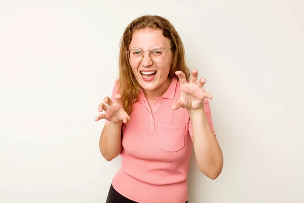 Mujer Joven Caucásica Aislada Sobre Fondo Blanco Mostrando Garras Imitando — Foto de Stock