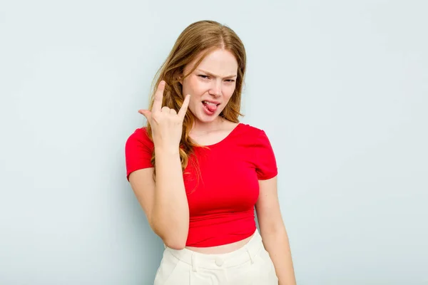 Young Caucasian Woman Isolated Blue Background Showing Rock Gesture Fingers — Stock Photo, Image