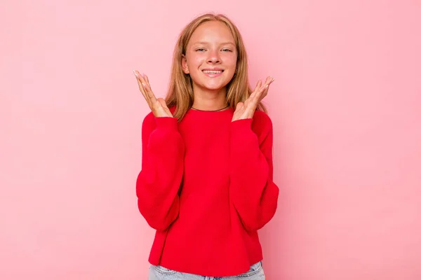 Caucasian Teen Girl Isolated Pink Background Laughs Out Loudly Keeping — Stock Photo, Image