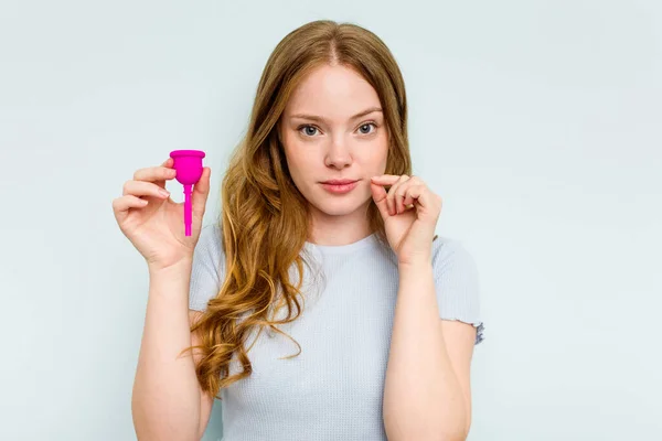 Young Caucasian Woman Holding Menstrual Cup Isolated Blue Background Fingers — Stock Photo, Image