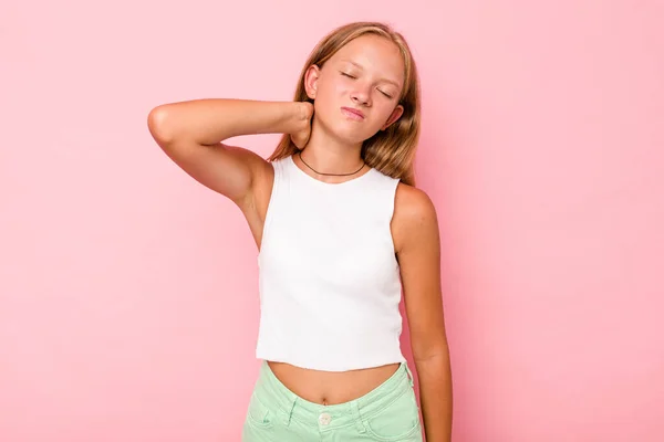 Caucasien Adolescent Fille Isolé Sur Fond Rose Massage Coude Souffrance — Photo