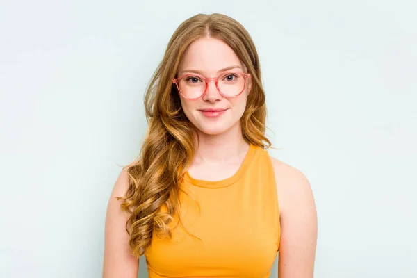 stock image Portrait of pretty young caucasian wearing glasses woman isolated on blue background