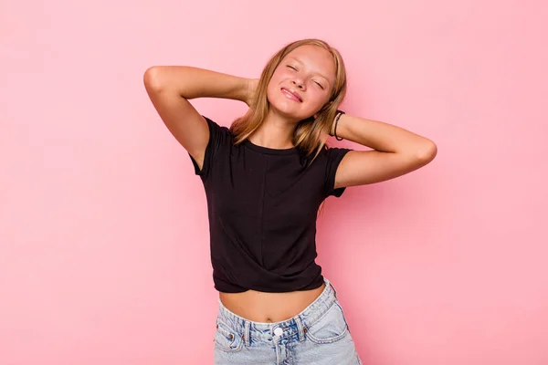 Caucasian Teen Girl Isolated Pink Background Feeling Confident Hands Head — Stock Photo, Image