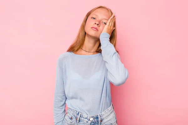 Caucasian Teen Girl Isolated Pink Background Tired Very Sleepy Keeping — Stock Photo, Image