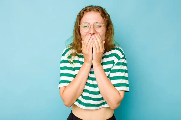 Young Caucasian Woman Isolated Blue Background Laughing Something Covering Mouth — Stock Photo, Image