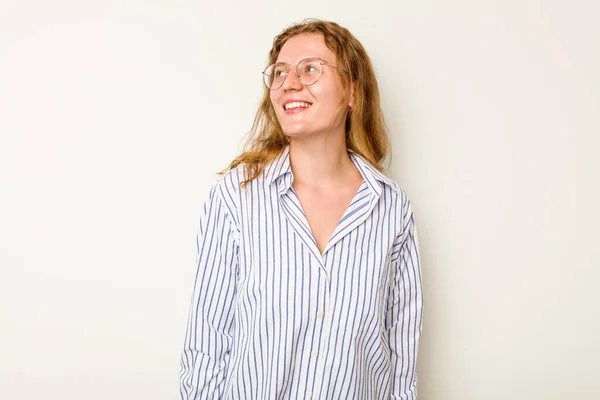 Mladá Běloška Žena Izolované Bílém Pozadí Uvolněný Šťastný Smích Krk — Stock fotografie