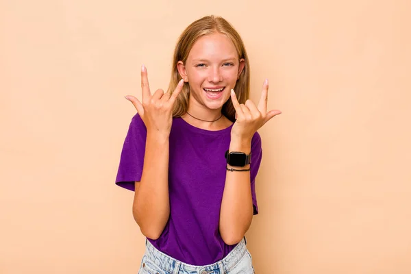 Caucasian Teen Girl Isolated Beige Background Showing Horns Gesture Revolution — Stock Photo, Image