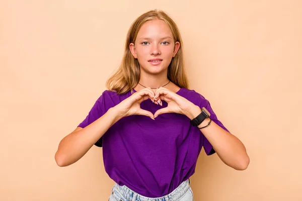 Caucasian Teen Girl Isolated Beige Background Smiling Showing Heart Shape — Stock Photo, Image
