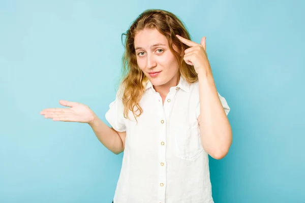 Young Caucasian Woman Isolated Blue Background Showing Disappointment Gesture Forefinger — Stock Photo, Image
