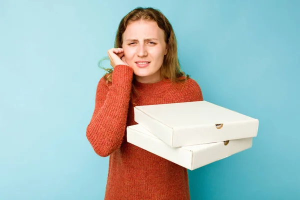 Young Caucasian Woman Holding Pizzas Boxes Isolated Blue Background Covering — Stock Photo, Image