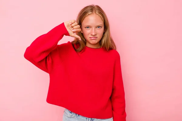 Blank Tiener Meisje Geïsoleerd Roze Achtergrond Tonen Duim Naar Beneden — Stockfoto