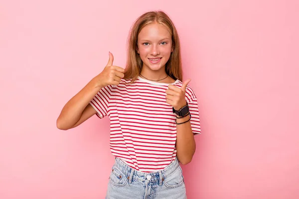 Caucasian Teen Girl Isolated Pink Background Raising Both Thumbs Smiling — Stock Photo, Image