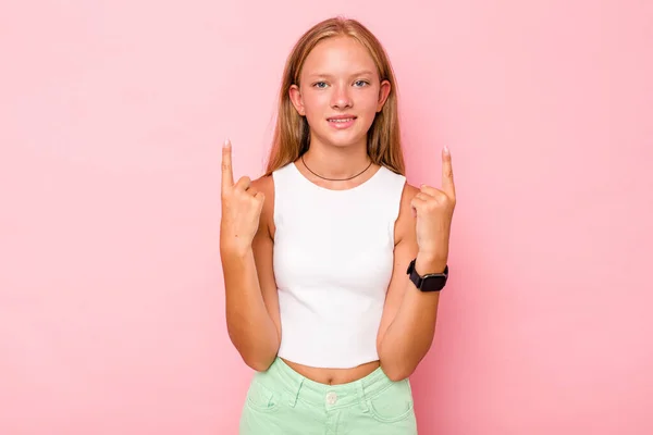 Caucasian Teen Girl Isolated Pink Background Indicates Both Fore Fingers — Stock Photo, Image