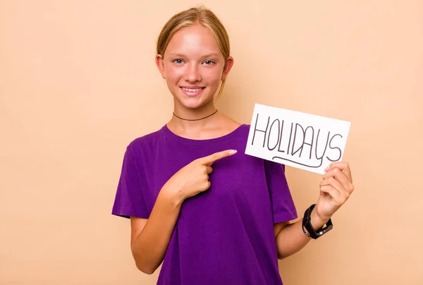 Little Caucasian Girl Holding Holidays Placard Isolated Beige Background — Stock Photo, Image