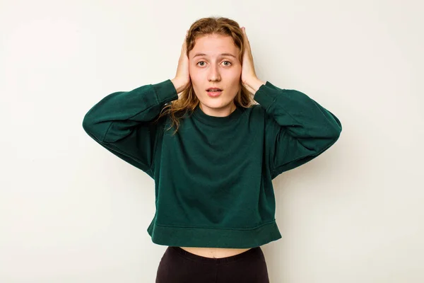 Young Caucasian Woman Isolated White Background Being Shocked She Has — Stock Photo, Image