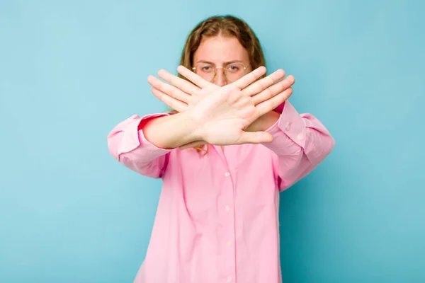 Young Caucasian Woman Isolated Blue Background Doing Denial Gesture — Stock Photo, Image
