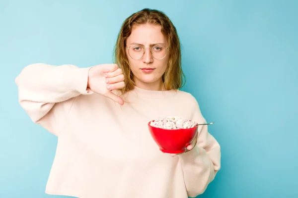 Young Caucasian Woman Holding Bowl Cereals Isolated Blue Background Showing — Stock Photo, Image