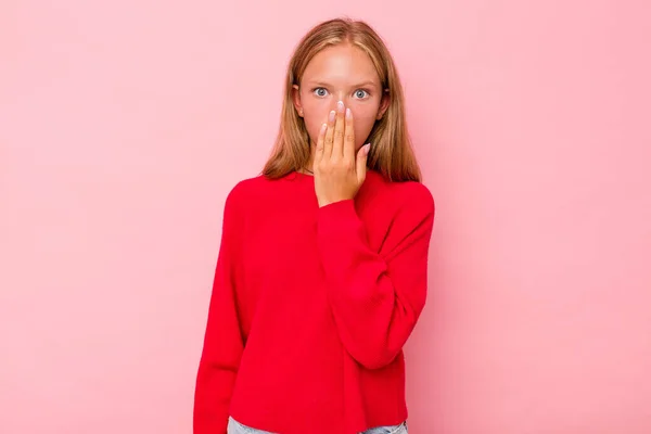 Caucasian Teen Girl Isolated Pink Background Shocked Covering Mouth Hands — Stock Photo, Image