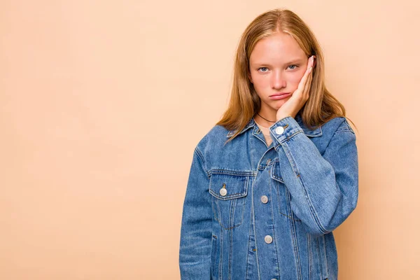Caucasian Teen Girl Isolated Beige Background Who Feels Sad Pensive — Stock Photo, Image