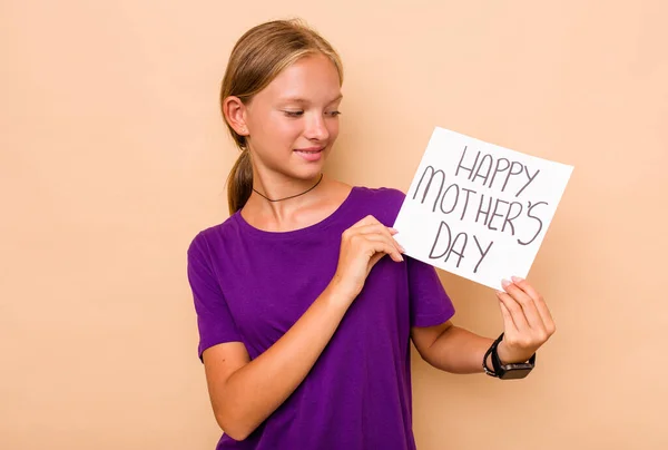 Little Caucasian Girl Holding Happy Mothers Day Isolated Beige Background — Stock Photo, Image