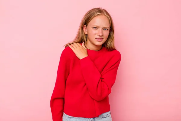 Blank Tiener Meisje Geïsoleerd Roze Achtergrond Met Een Schouder Pijn — Stockfoto