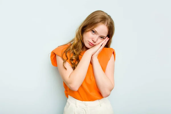 Young Caucasian Woman Isolated Blue Background Yawning Showing Tired Gesture — Stock Photo, Image