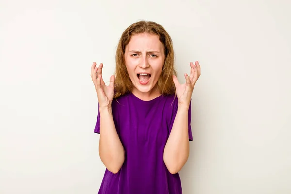 Mladá Běloška Žena Izolované Bílém Pozadí Křičí Vzteky — Stock fotografie